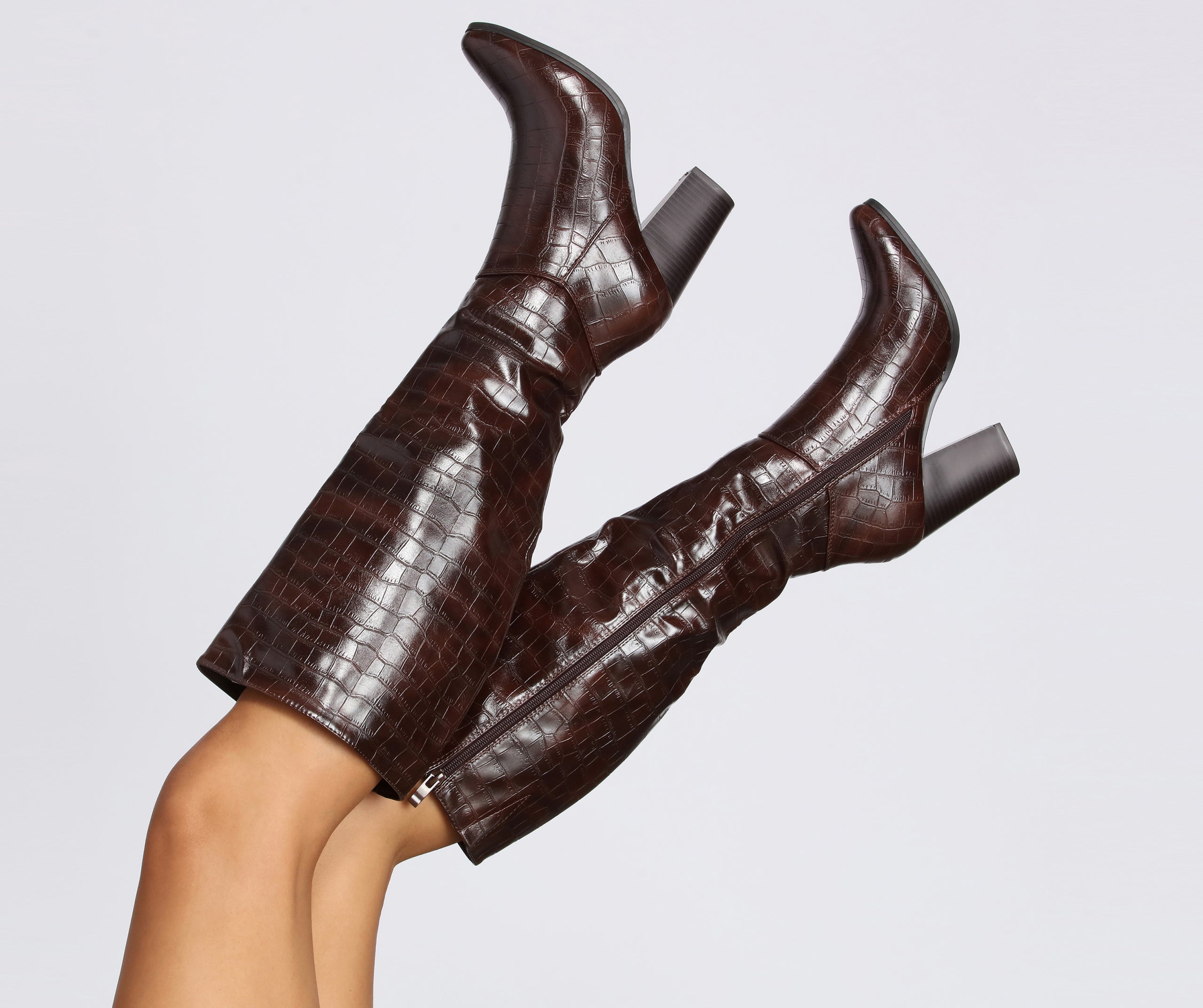 Crocodile Embossed Knee High Boots