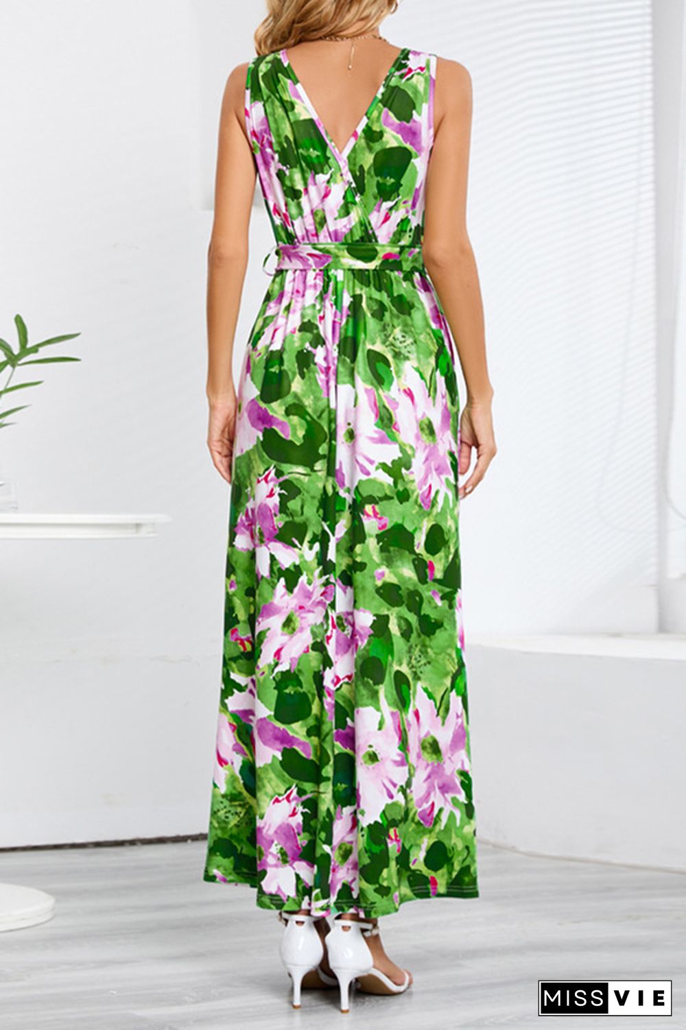 Wrap V Neck High Split Sleeveless Floral Maxi Dress