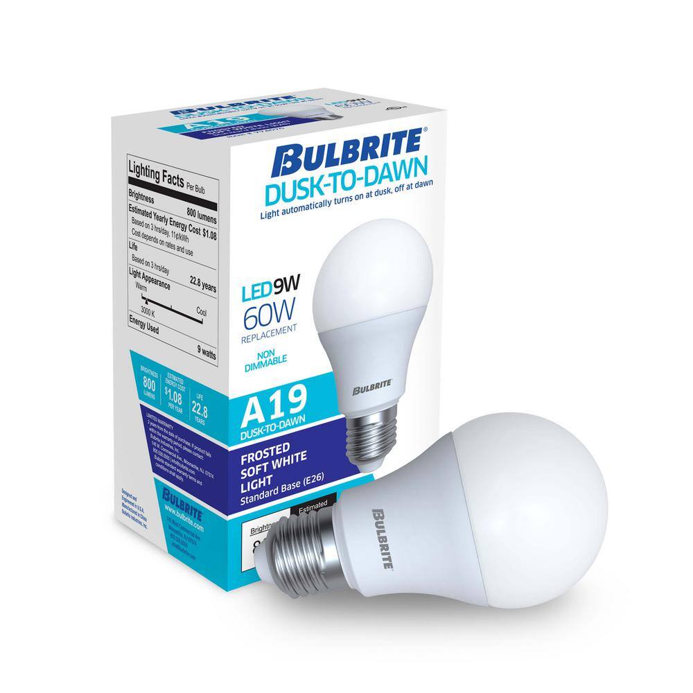 Bulbrite 60-Watt Equivalent A19 Dusk to Dawn E26 LED Light Bulb 3000K in Frost Finish (4-Pack) 862791