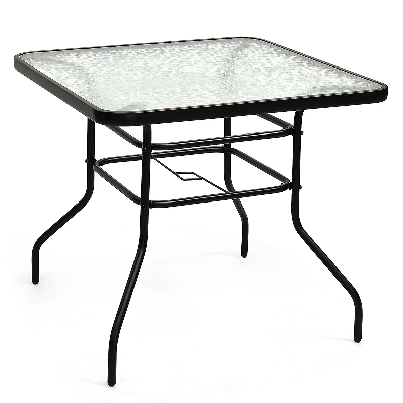 32 Inch Patio Tempered Glass Steel Frame Square Table