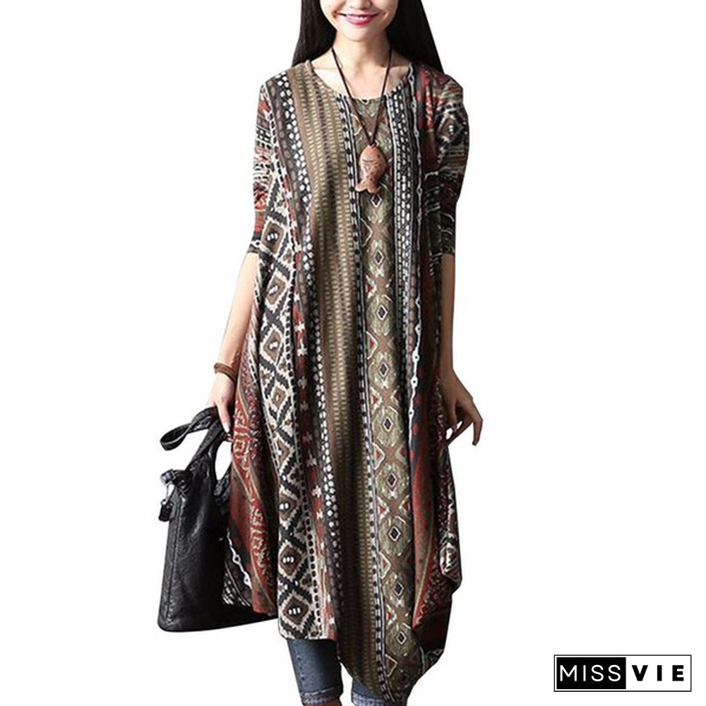 S-5XL Women Boho Floral Casual Baggy Long Sleeve Top Shirt Dress Kaftan