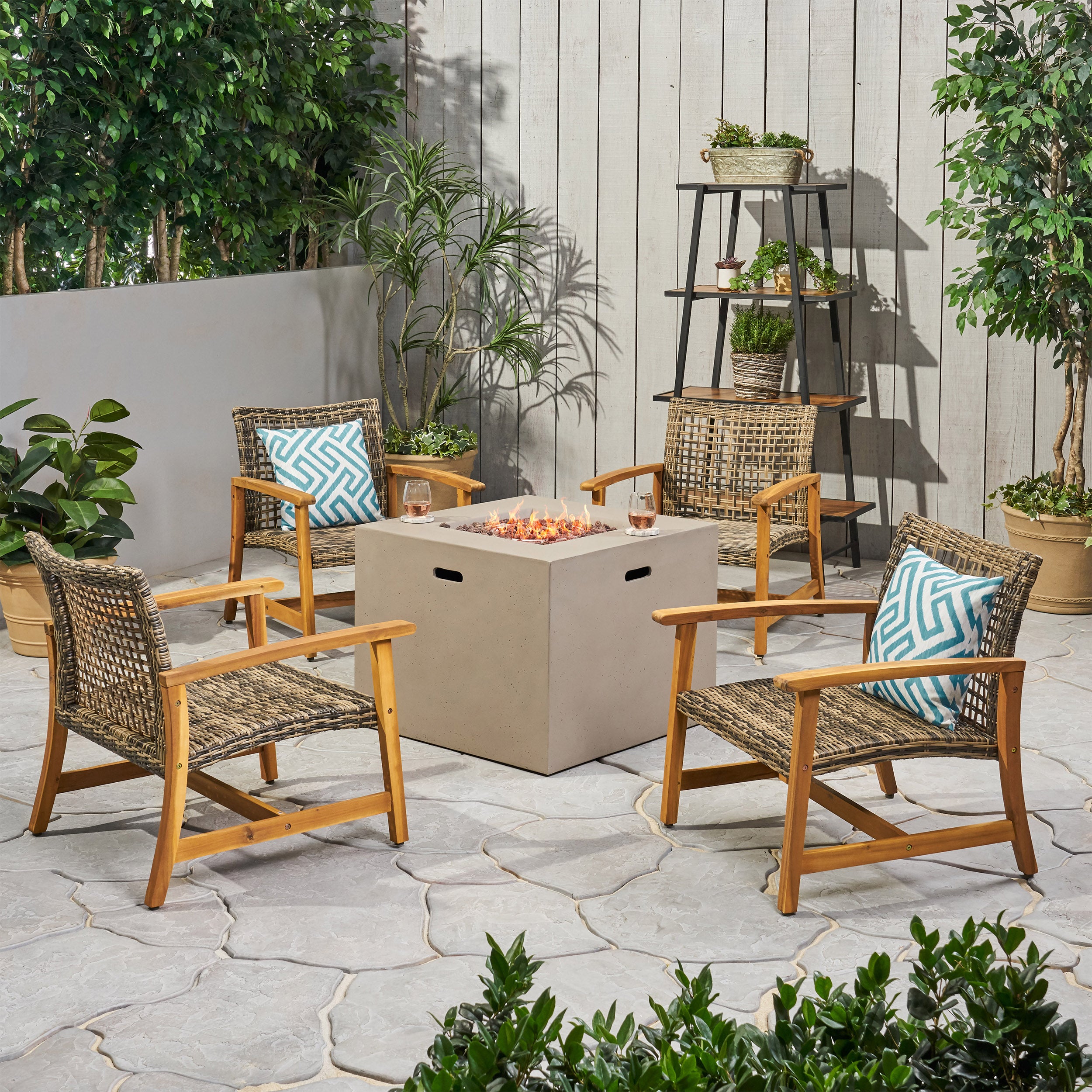 Tabby Outdoor 5 Piece Wood and Wicker Club Chairs and Fire Pit Set