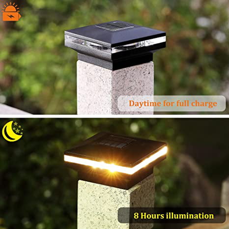 MAGGIFT 15 Lumen Solar Post Lights， Outdoor Post Cap Light for Fence Deck or Patio， Solar Powered Caps， Warm White High Brightness SMD LED Lighting， Lamp Fits 4x4， 5x5 or 6x6 Wooden Posts， 8 Pack