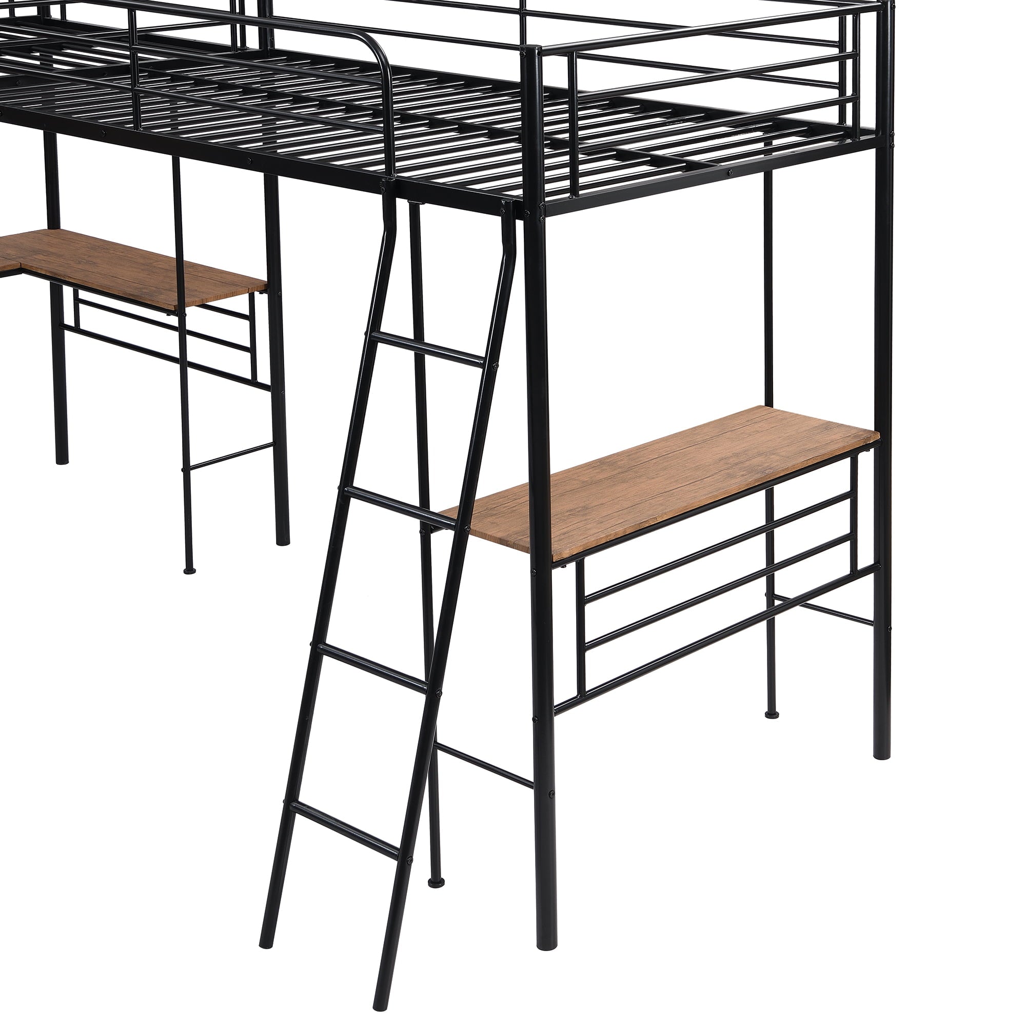 Metal L-Shaped Twin Size Loft Bed with Two Desk for Kids Bedroom, Black