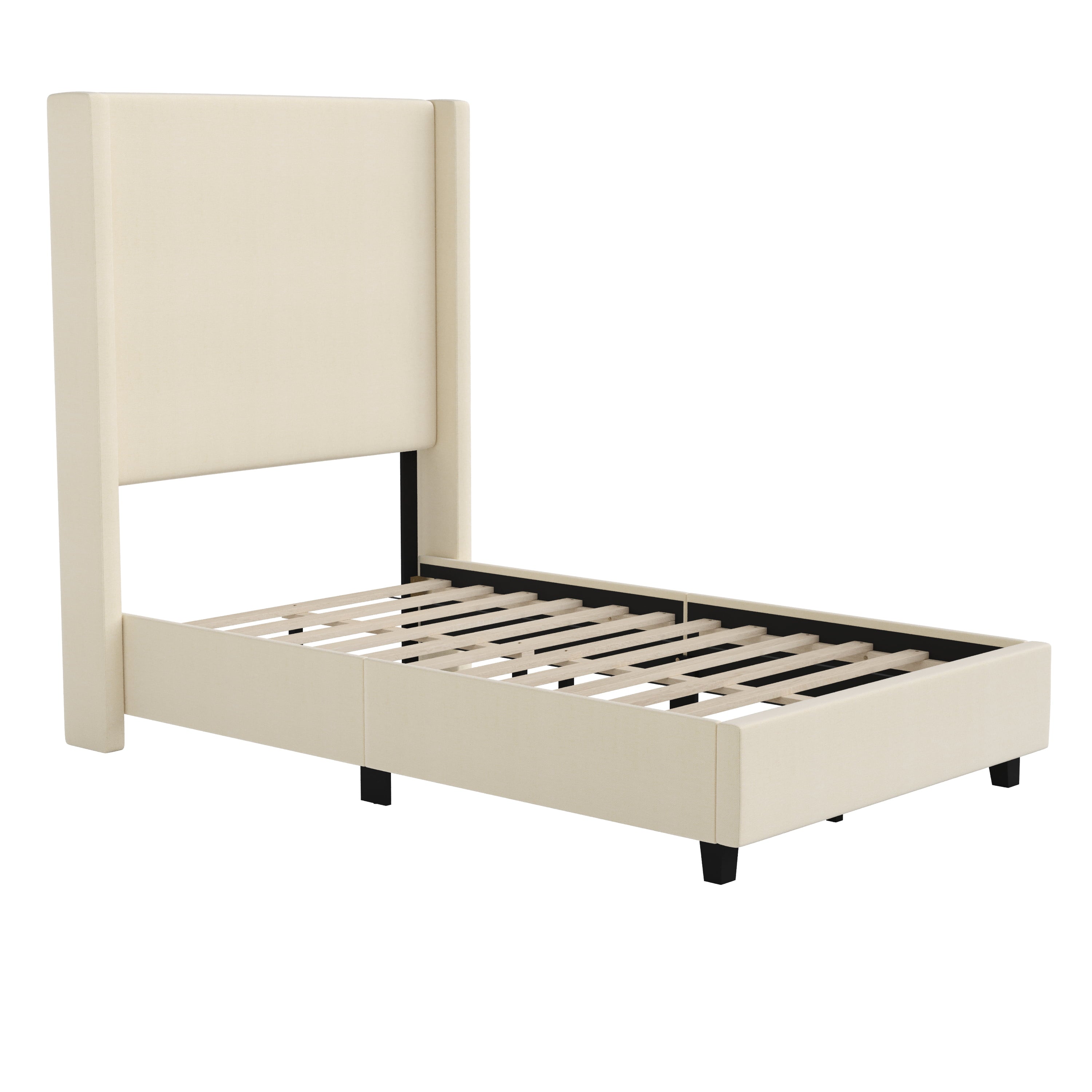 Merrick Lane Modern Twin Size Platform Bed Frame with Padded Faux Linen Upholstered Wingback Headboard and Wood Support Slats in Beige