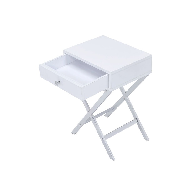 Modern Coleen Side Table with 1 Drawer， White and Chrome