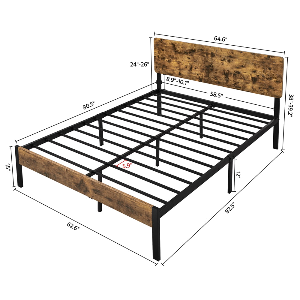 Topeakmart Vintage Style Metal Queen Bed with Wooden Headboard & Footboard