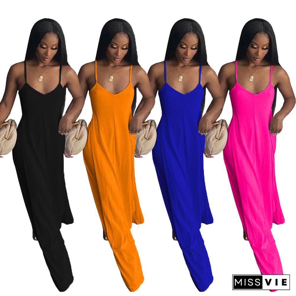 Women Sexy Beachwear V Neck Spaghetti Strap Solid Color Long Top Wide Leg Pants Casual Two Piece Suits