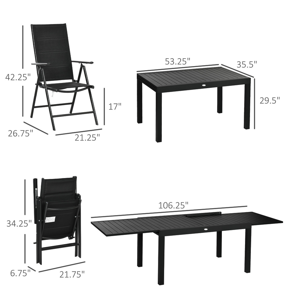 Outsunny 9 Pieces Patio Dining Set for 8  Aluminum Expandable Outdoor Table  Folding and Reclining Padded High Back Chair