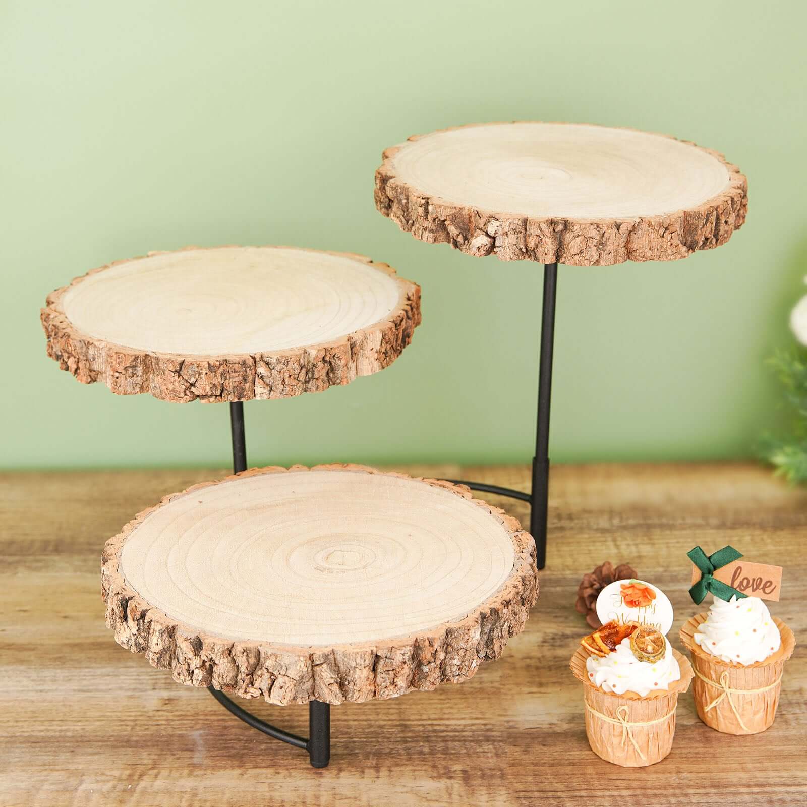 3-Tier Wood Slice Cheese Board, Cupcake Stand, Half Moon Rustic Centerpiece 12