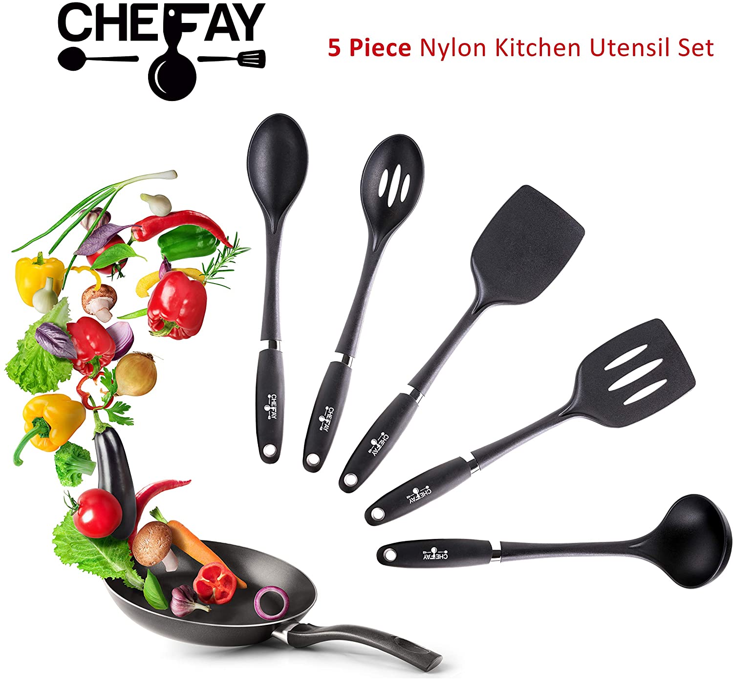 Kitchen Utensil Set for Comfortable Cooking and Easy Cleaning - Nylon - Non Slip Grip 5-Piece Utensils, Pro-Grade Kitchen Tools Set Great For Non Stick Cooking and Baking (Black)