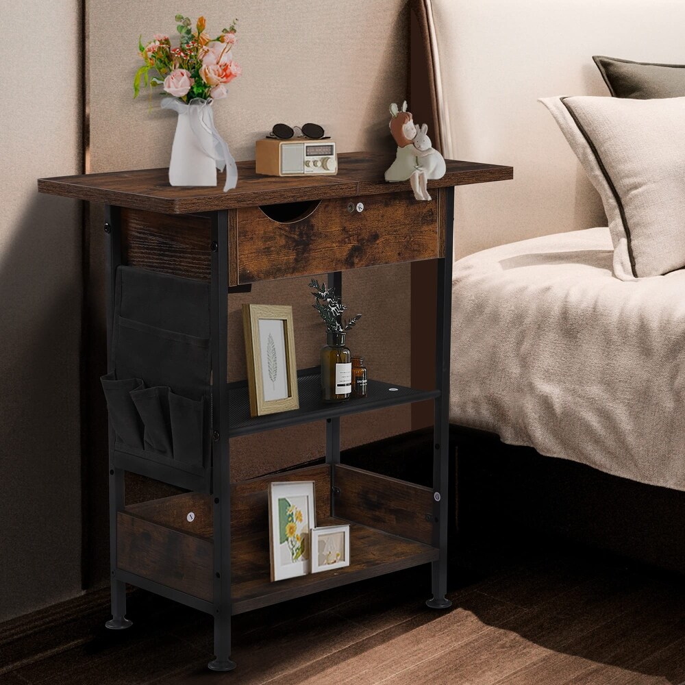 3 Tier End Table with Charging Station  Flip Top Side Table with USB Ports and Outlets for Small Spaces  Nightstand