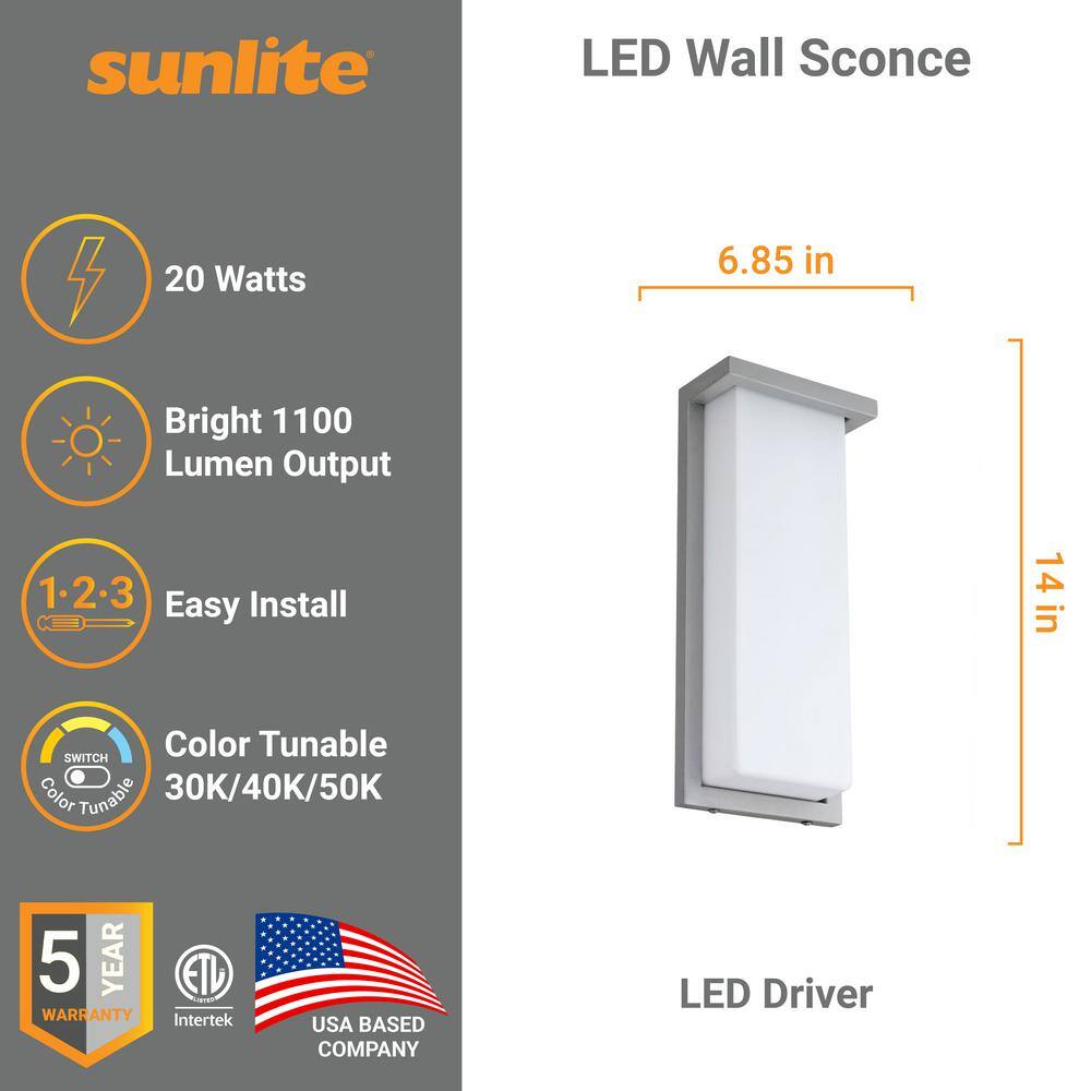 Sunlite 1-Light 14 in. Silver LED Modern Rectangle Outdoor Wall Lantern Light Sconce CCT Color Tunable Switch 3000K 4000K 5000K HD03174-1