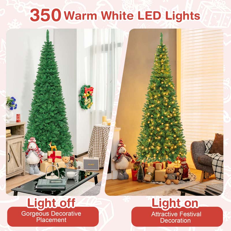 4.5/6.5/7.5FT Pre-Lit Artificial Slim Pencil Christmas Tree with Hinged Branch Tips, LED Lights & Solid Metal Stand