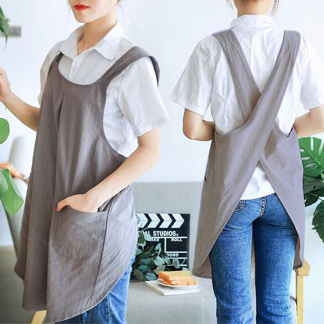 Japanese Linen Cross Back Kitchen Cooking Aprons For Women With Pockets Cute For Baking Painting Gardening Cleaning Gray