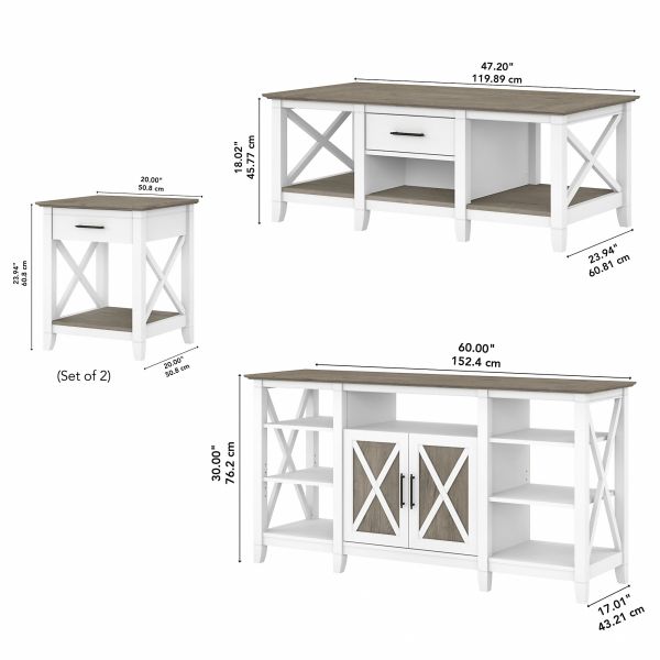 Bush Furniture Key West Tall TV Stand with Coffee Table and Set of 2 End Tables in Pure White and Shiplap Gray