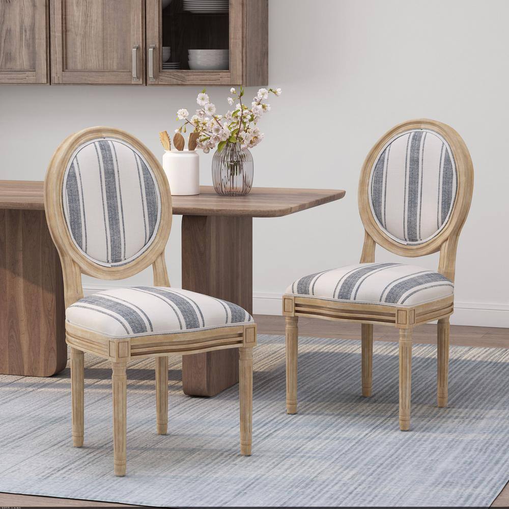 Noble House Karter Dark Blue Stripes and Light Beige Upholstered Dining Chair (Set of 2) 105393