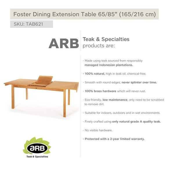 Teak Dining Extension Table Foster Rectangular 65/85 x 36