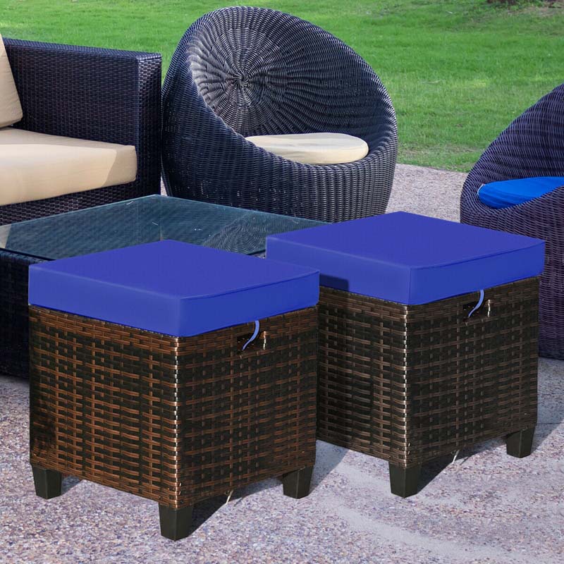 2 Pcs Rattan Patio Ottoman Set with Removable Cushions, All Weather Wicker Outdoor Footstool Footrest Seat