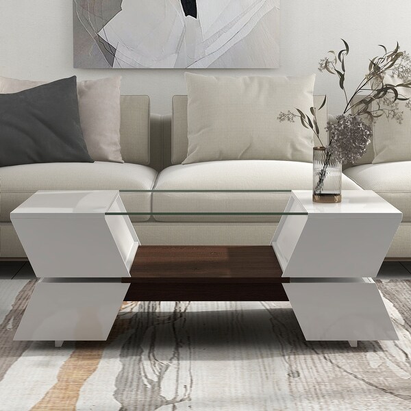 Modern 2-Tier Glass-Top Coffee Table With Open Shelves and Cabinets