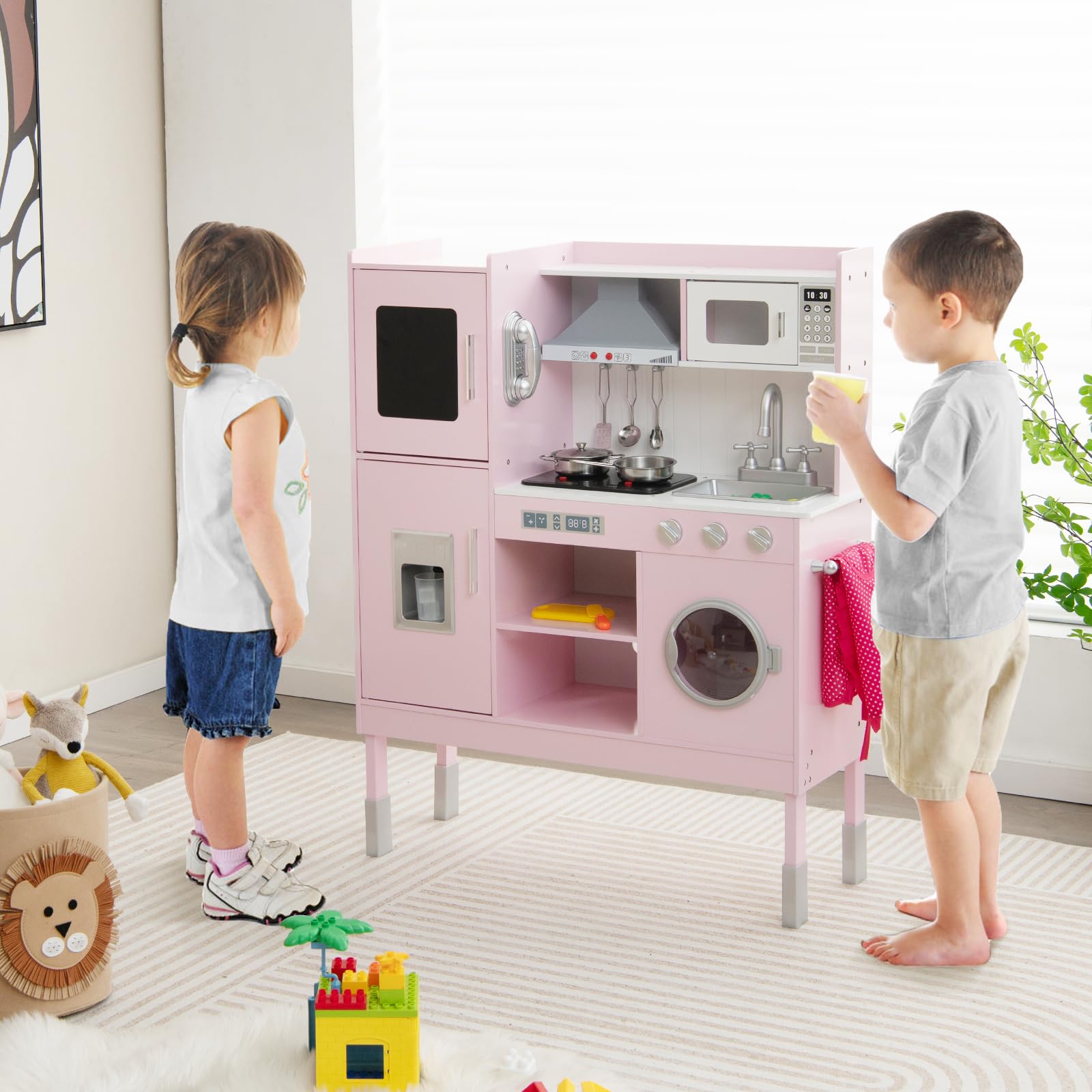 Costzon Kids Pretend Play Kitchen, Wooden Kitchen Toy Set w/Range Hood, Stove, Microwave