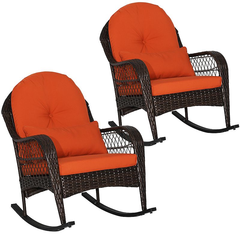 Patio Rattan Rocking Chair with Seat Back Cushions and Waist Pillow