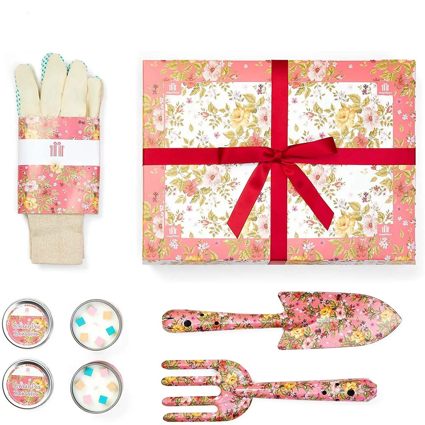 Wholesales 5Pcs Garden Tools Set with Floral Print Including Trowel Fork 2 Candles and Gloves Mother's Day Birthday Gifts