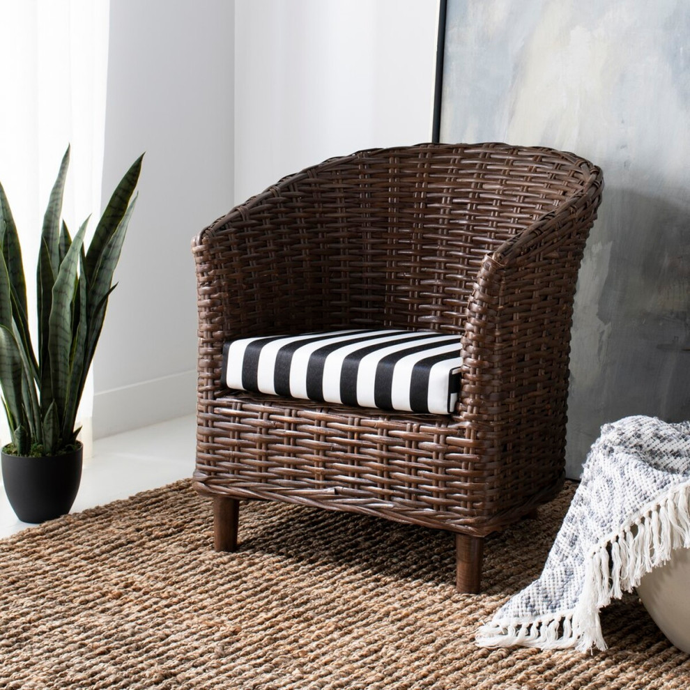 Naomi Rattan Barrel Chair  Brown/Black/White Stripe   Tropical   Armchairs And Accent Chairs   by Rustic Home Furniture Deco  Houzz