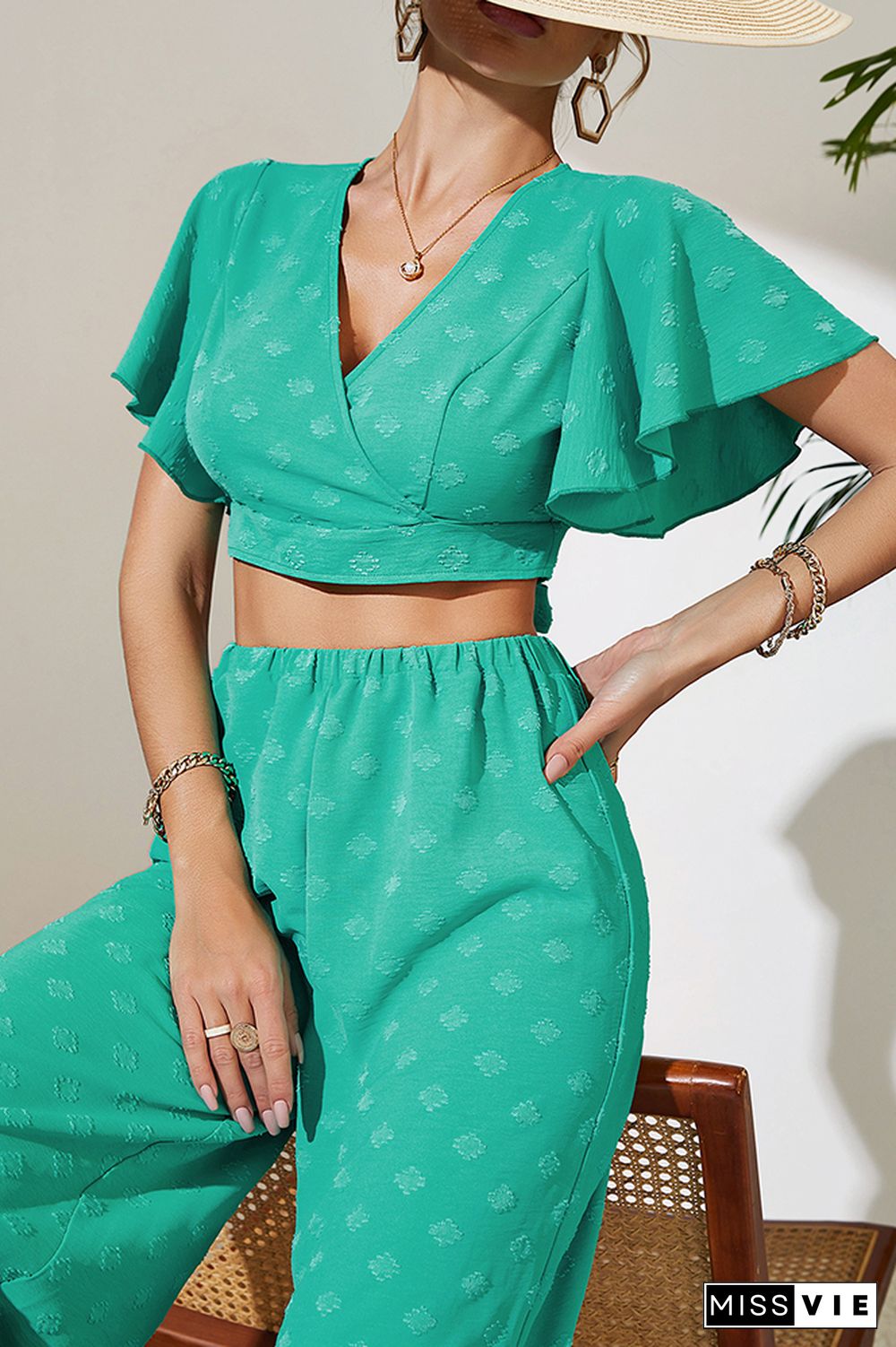 Green Texture Open Back Crop Top with Wide Leg Pants 2pcs Set