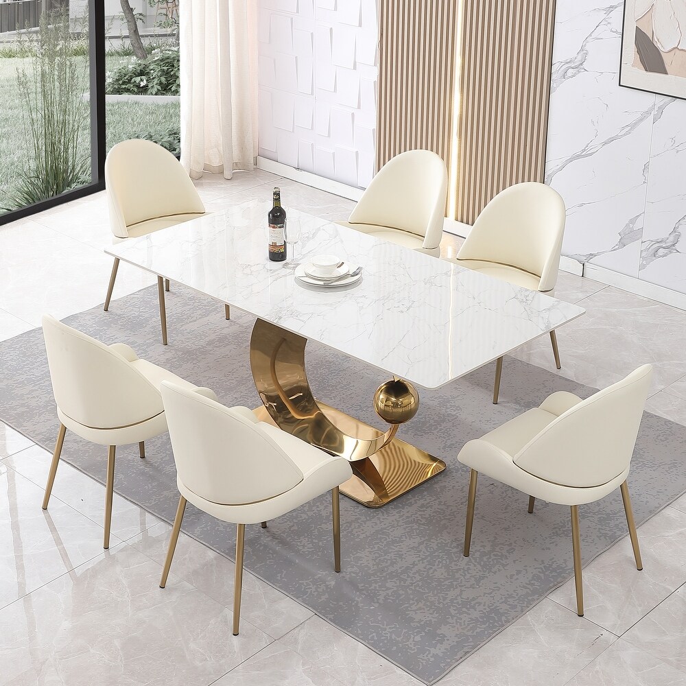 71 Inch Stone DiningTable with Carrara White color and Round special shape stainless steel Gold Pedestal Base