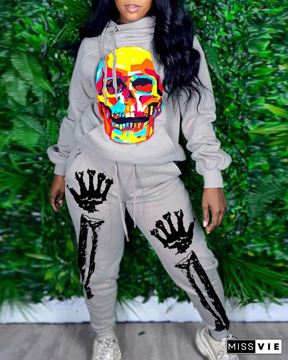 Halloween Skull Print Hooded Top & Drawstring Pants Set