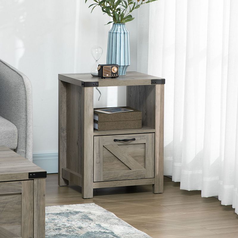 HOMCOM Farmhouse Side Table， End Table with 1 Drawer， 1 Open Shelf and Tabletop for Living Room， Gray Oak