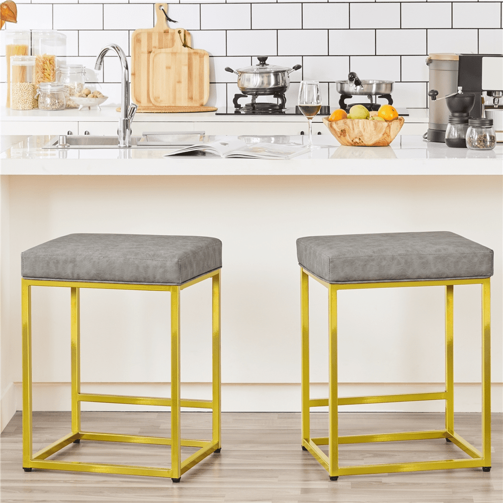 Topeakmart 2pcs 24''H Backless Bar Stools Upholster Kitchen Counter with Gold Frame， Gray