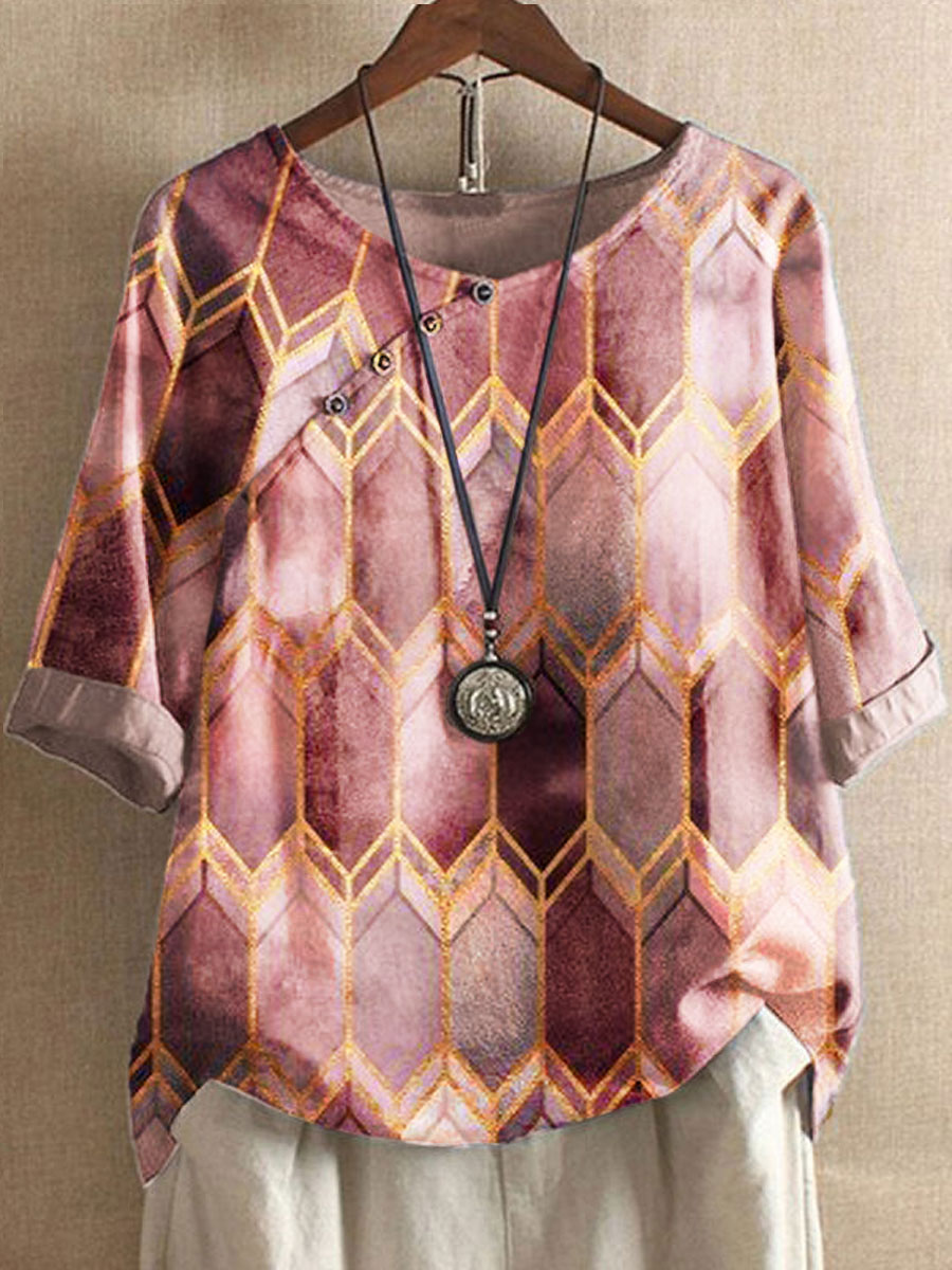 Round Neck Geometric Print Casual Fashion Blouse