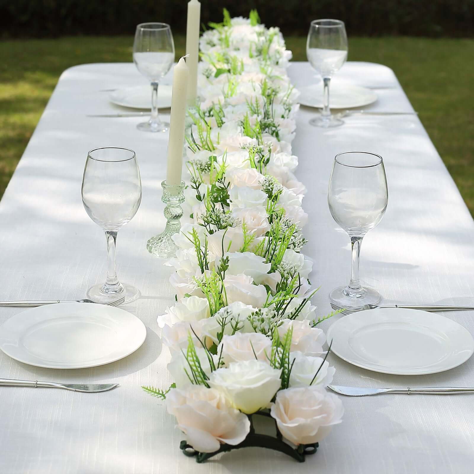 6 Pack Cream Ivory Silk Rose Flower Panel Table Runner, Artificial Floral Arrangements Dining Table Decor - 20