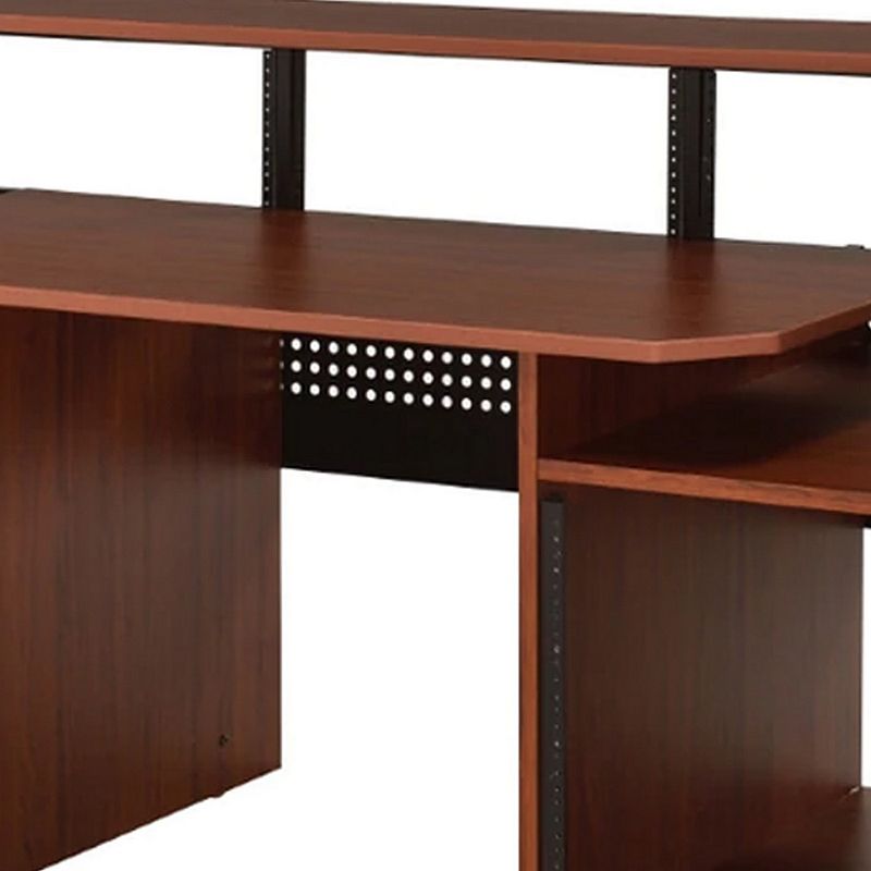 71 Inch Wood Music Desk Studio Workstation， 3 Shelves， Cherry Brown