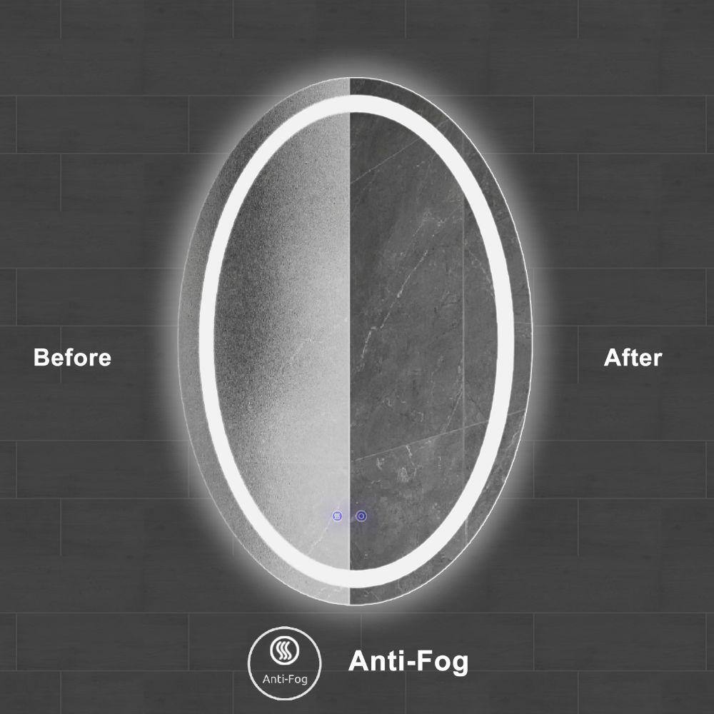 The Urban Port 24 x 36 in. Silver Metal Touch Button Defogger Frosted Edge Oval Frameless LED Illuminated Bathroom Mirror UPT-266402