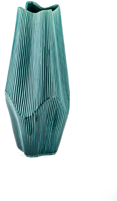 18 Inch Teal Ceramic Vase with Vertical Ribbed Detailing