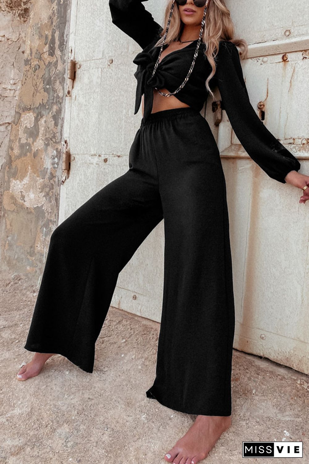 Tie Knot Crop Top And Wide Leg Pants 2PCs Set