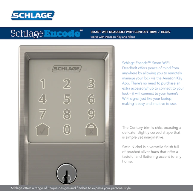 Schlage Encode Century Satin Nickel Wi-fi Compatibility Single Cylinder Electronic Deadbolt Lighted Keypad Touchscreen Smart Lock