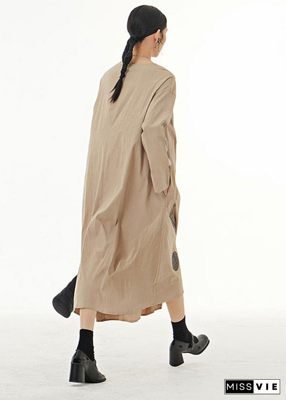 Khaki Print Cotton Long Dress O-Neck Oversized Spring