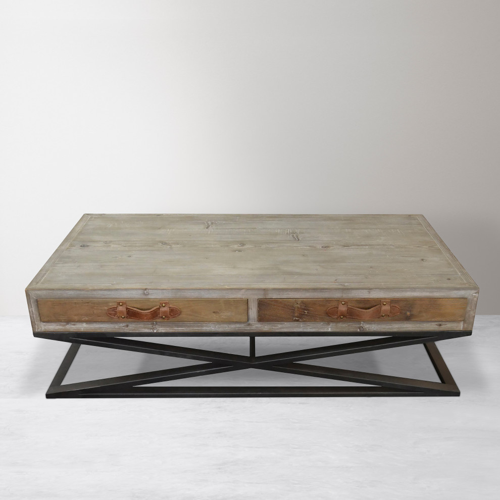 Syracuse Cocktail Table Metal Base Wood Top and Leather Strap   Industrial   Coffee Tables   by HedgeApple  Houzz