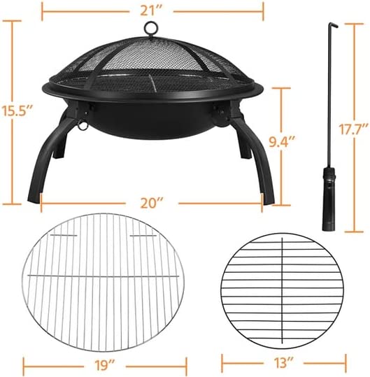 21inch Firepit Portable Folding Steel Fire Bowl Garden Treasures Fire Pit Wood Burning Outdoor Fireplace with Spark Screen, BBQ Grill, Log Grate & Carrying Bag for Patio Backyard Camping