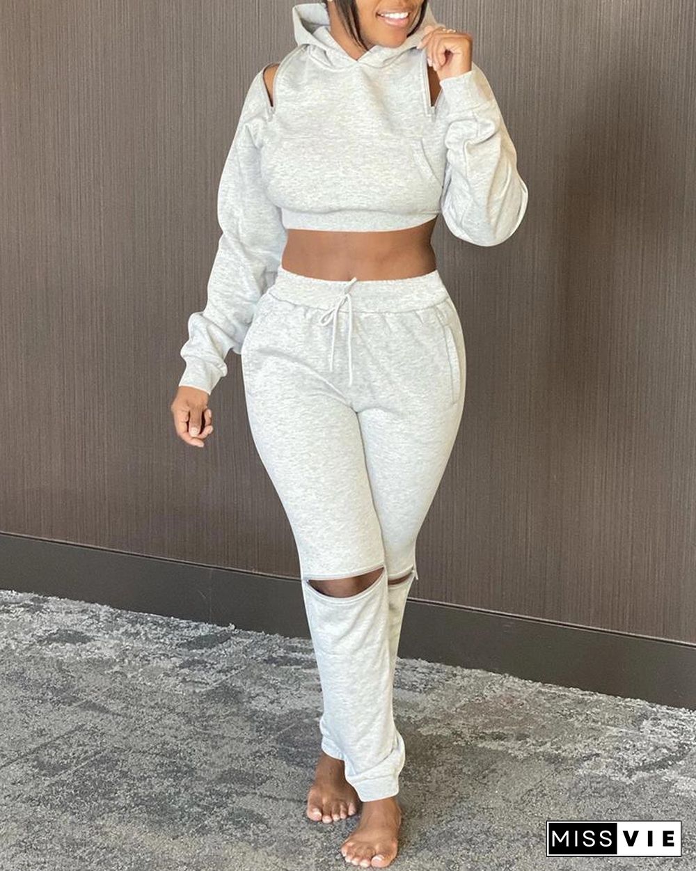 Cutout Crop Hooded Top & Drawstring Pants Set P11176