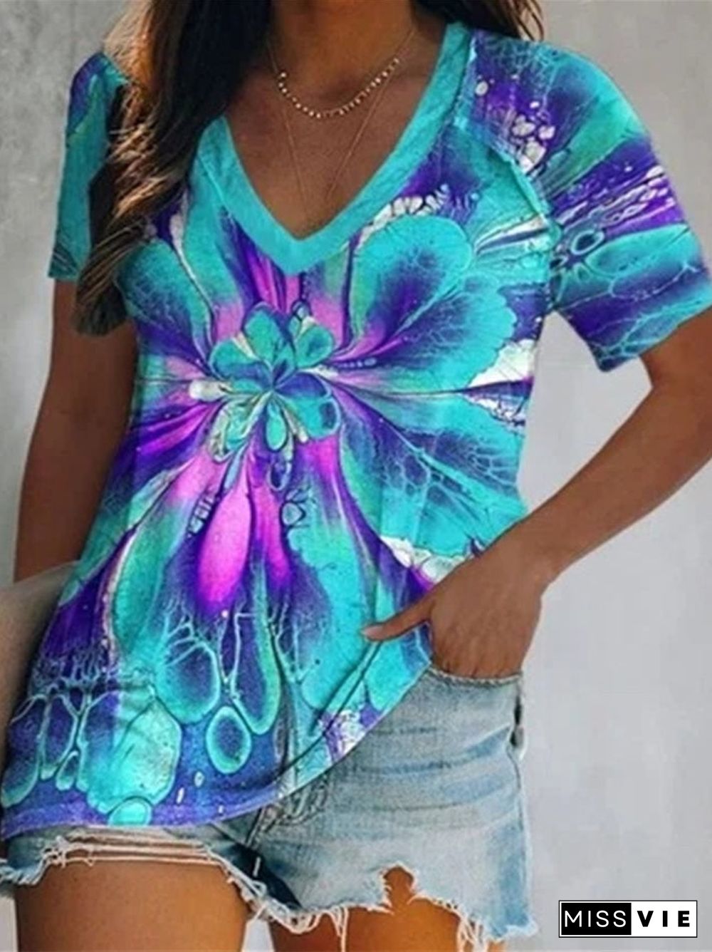 Women's Floral Printed Short Sleeve V-neck T-shirt Top