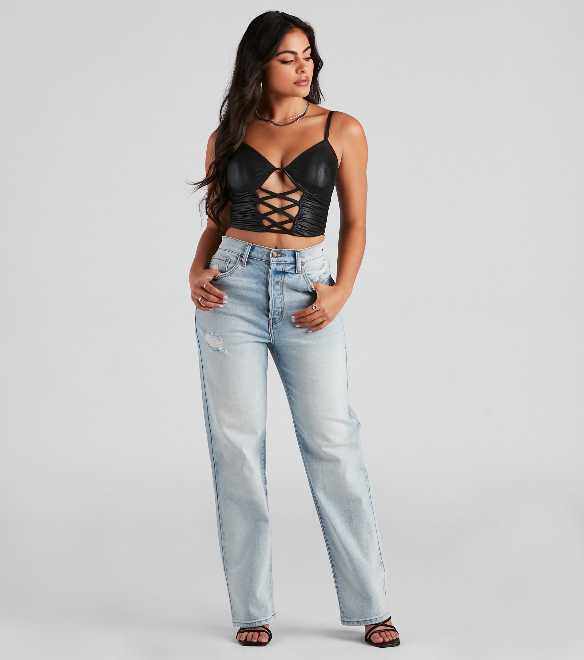 Late Night Faux Leather Lattice Crop Top