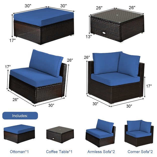 Costway 6pcs Outdoor Patio Rattan Furniture Set Cushioned Sectional Sofa Navy black turquoise