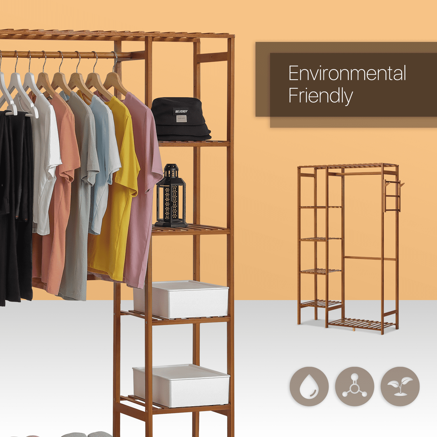 MoNiBloom Bamboo 6 Tiers Coat Pants Rack， Hanging Rod Closet Organizer Wardrobe， Brown， for Home