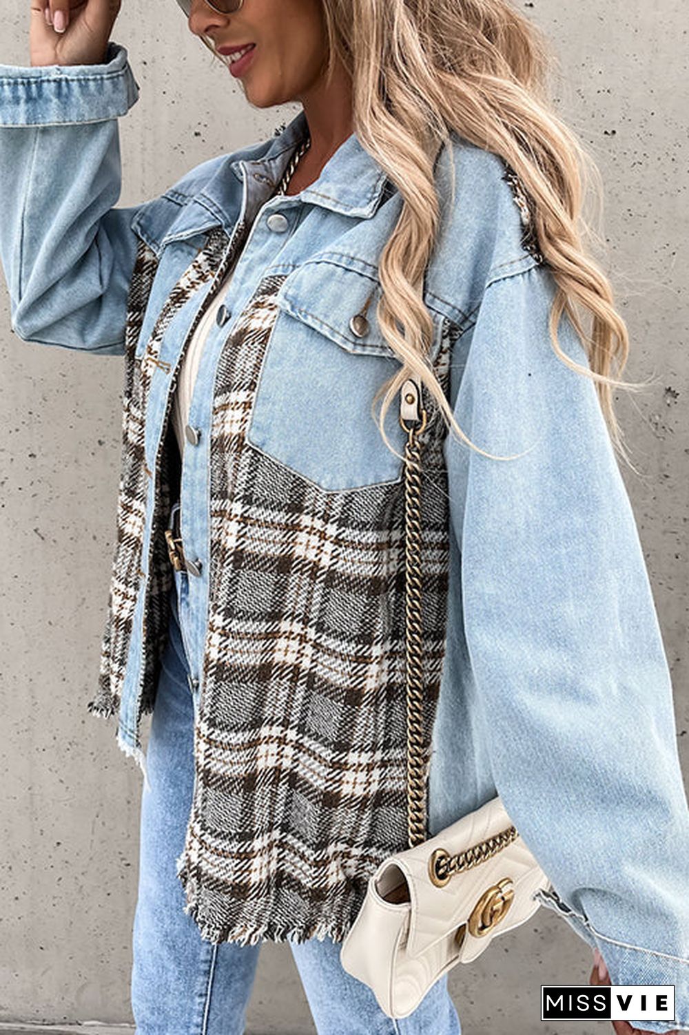 Checked Patchwork Pockets Denim Jacket