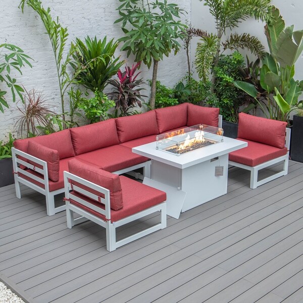 LeisureMod Chelsea 7Piece White Patio Sectional With Fire Pit Table